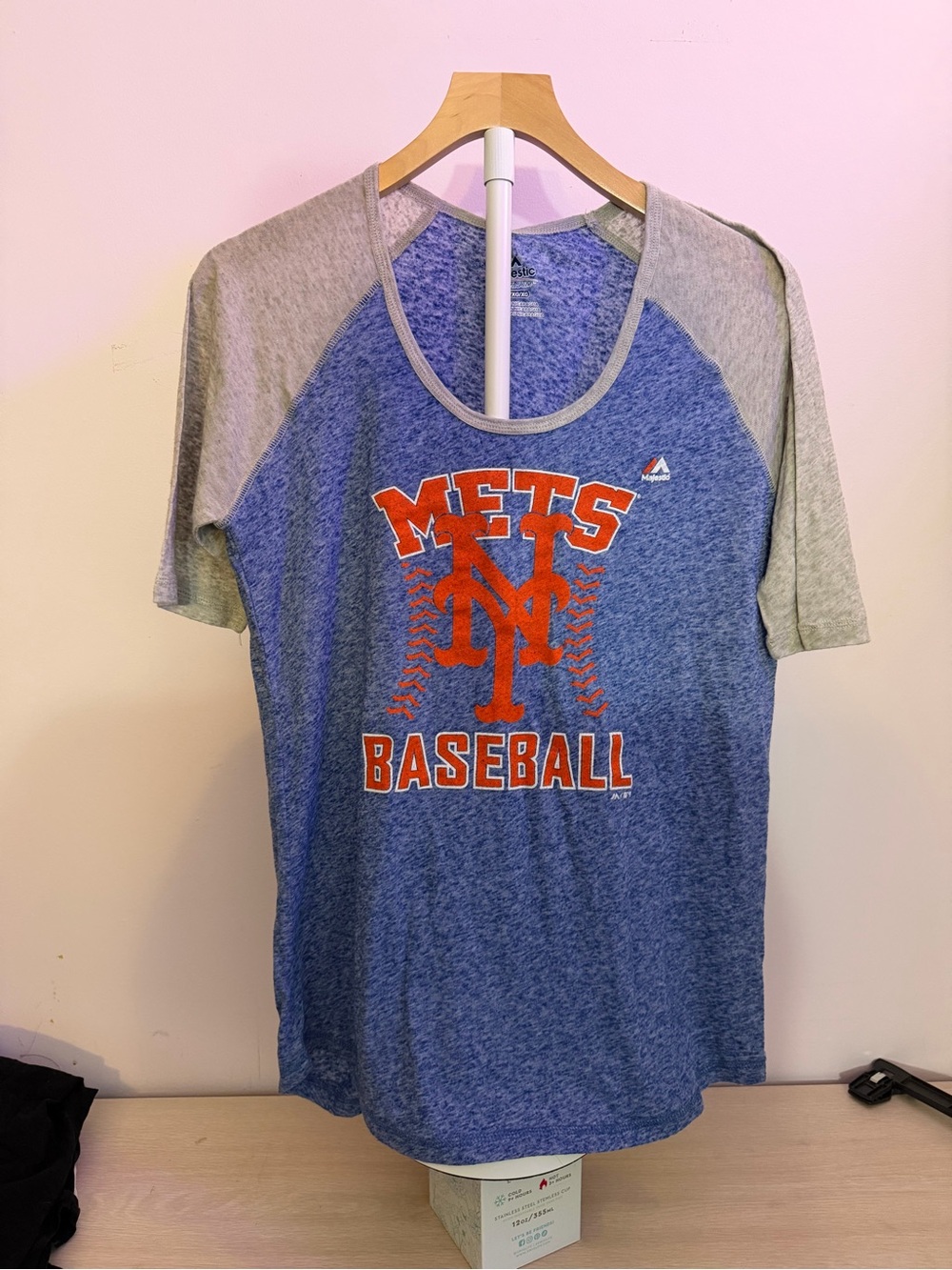 Majestic Royal Blue Heather & Gray Mets Baseball Raglan Tee with Orange Logo